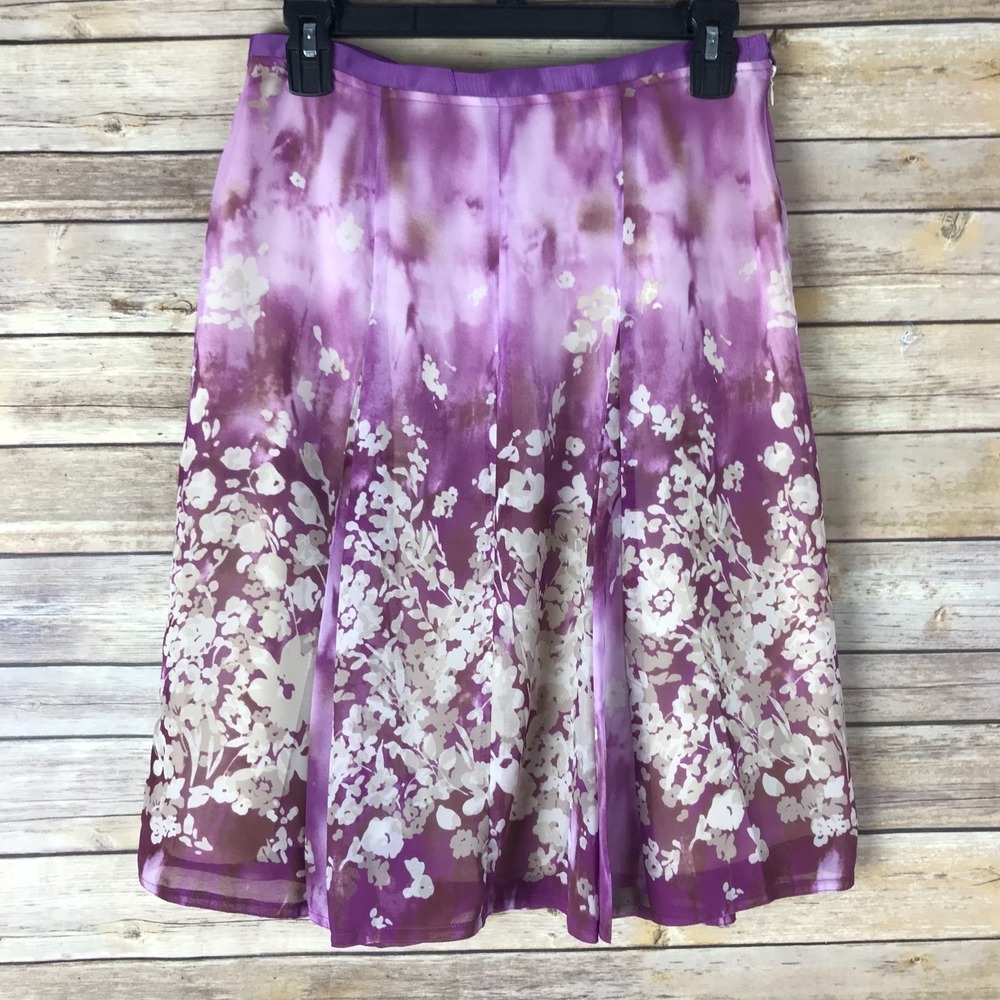 Worthington Womens 8P Petite Floral A-Line Pleated Purple Midi Side Zip Lined